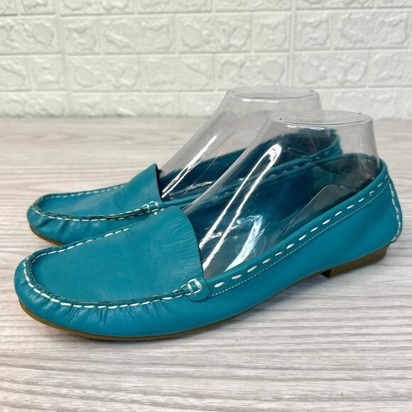 Westies Vtg Loafer Womens 8 Teal Leather Flat Slip On Round Toe White Stitching - Picture 3 of 11